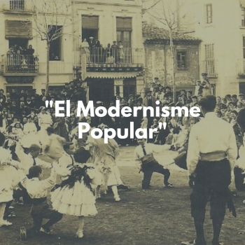 Foto antigua color sepia, criaturas bailando texto sobreimpreso : "Modernisme popular"